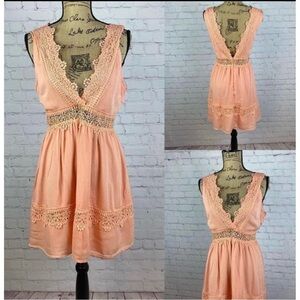 Apricot Color V Neck Low Cut Back Lace Trim Dress